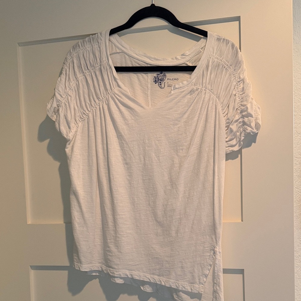Pilcro White Short Sleeve Top with Ruched Detail